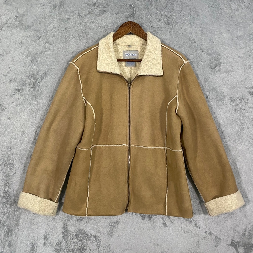NY Classics Jacket Sz M Tan Faux Suede Shearling Full Zip Faux Fur Penny Lane
